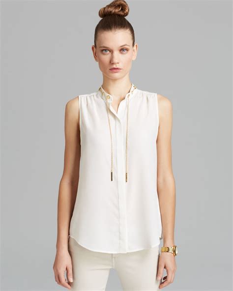 michael kors black and white blouse with gold bar|Michael Kors sleeveless blouses.